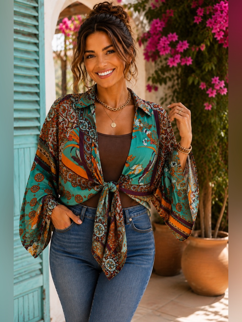 Women’s Boho L Paisley Tie Front Blouse Teal Orange Long Sleeve 100% Polyester